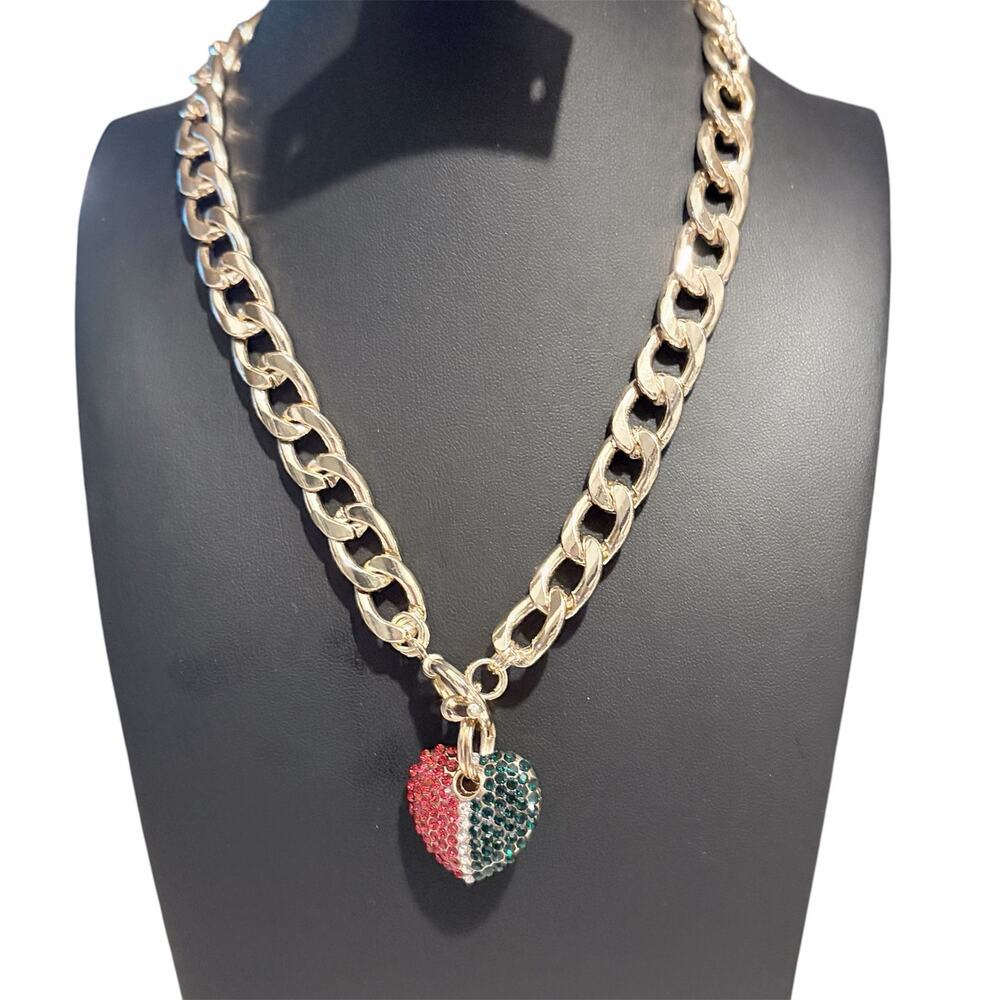 Gold Tone Chunky Curb Link Chain Necklace Red Green Crystal Pavé Heart Pendant